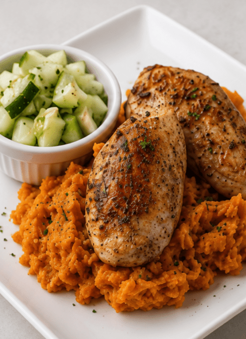 Garlic Butter Chicken Thighs with Sweet Potato Mash